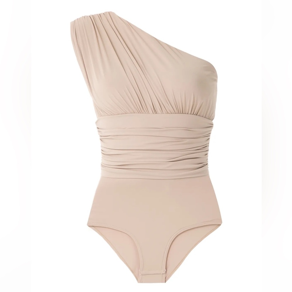 Amir Slama- Tan One-Shoulder Bodysuit with Ruched Detailing